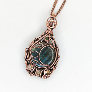 Labradorite Opal and Dioptase Moon Themed Pendant