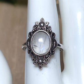 Rainbow Moonstone floral Stainless Steel Adjustable Ring