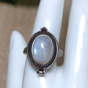 Rainbow Moonstone Secret Compartment Stainless Steel Adjustable Ring