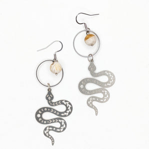 Steel Petrified Wood Snake Earrings