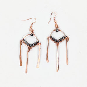 Obsidian Hammered Dangle Copper Earrings