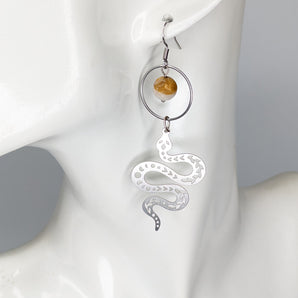 Steel Petrified Wood Snake Earrings