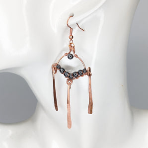 Obsidian Hammered Dangle Copper Earrings