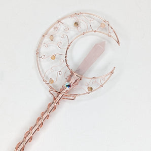 Designer Rose Quartz Crescent Moon Wand in Rose Gold
