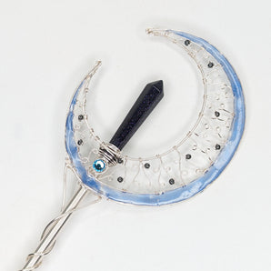 Designer Blue Goldstone Crescent Moon Wand in Silver