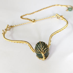Moss Agate Tree of Life Choker in gold tone