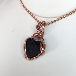 Black Tourmaline Heart and Amethyst Pendant