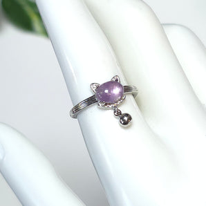 Amethyst Kitty With Dangle Stainless Steel Adjustable Ring
