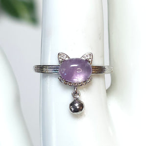 Amethyst Kitty With Dangle Stainless Steel Adjustable Ring