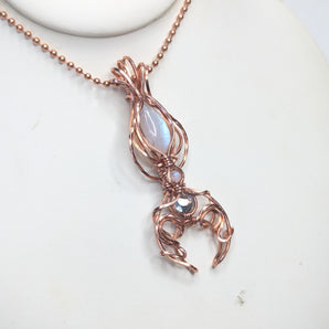 Rainbow Moonstone and Topaz Crescent Moon Ethereal Pendant