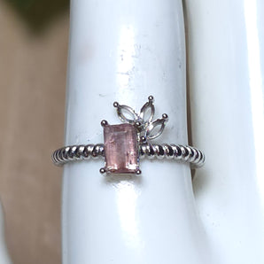 Pink Tourmaline with leaves Stainless steel Adjustable Ring