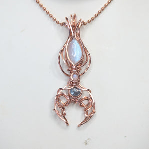 Rainbow Moonstone and Topaz Crescent Moon Ethereal Pendant