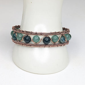 Green Aventurine and Moss agate Wire weaved beaded bangle bracelet