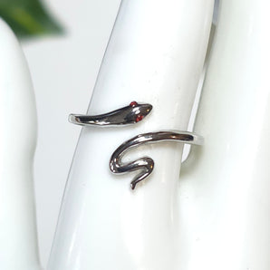 Simple Stainless Steel Snake Ring with Red CZ Eyes