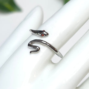 Simple Stainless Steel Snake Ring with Red CZ Eyes