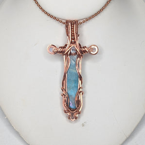 Aqua Aura Quartz, Rainbow Moonstone and CZ Sword Pendant.