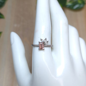 Pink Tourmaline with leaves Stainless steel Adjustable Ring