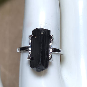 Raw Black Tourmaline Stainless steel Adjustable Ring